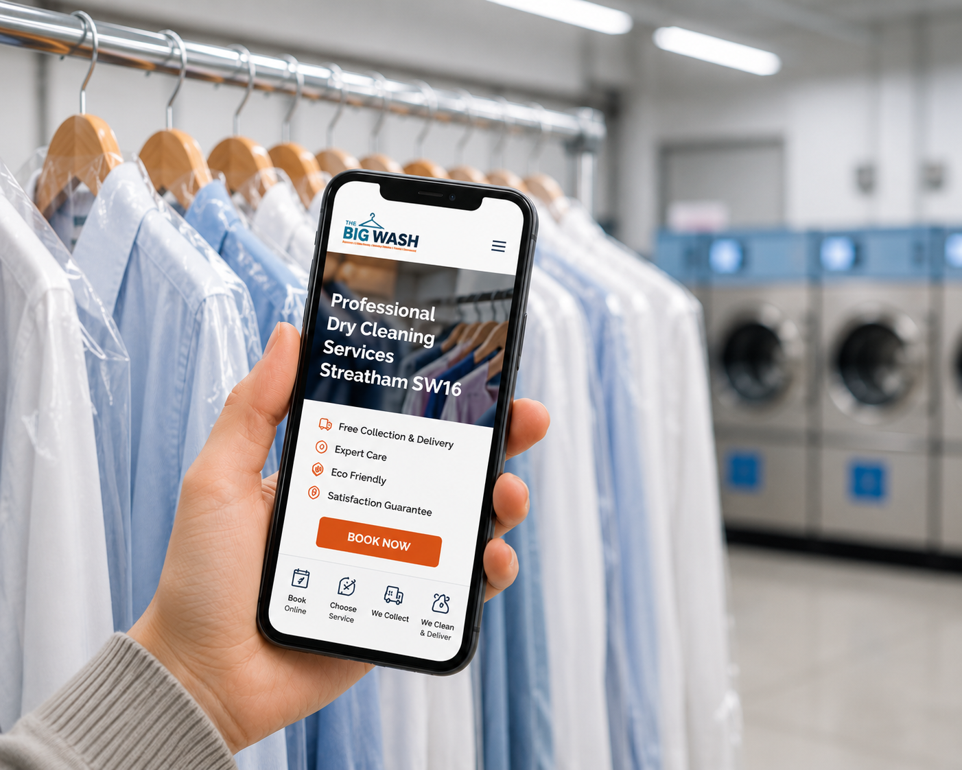 Mobile phone displaying The Big Wash online dry cleaning booking service for Streatham SW16